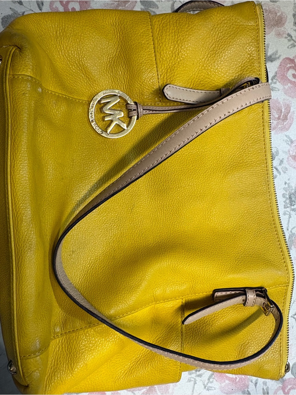 Michael Kors Bright Yellow Leather Tote with Beige Strap